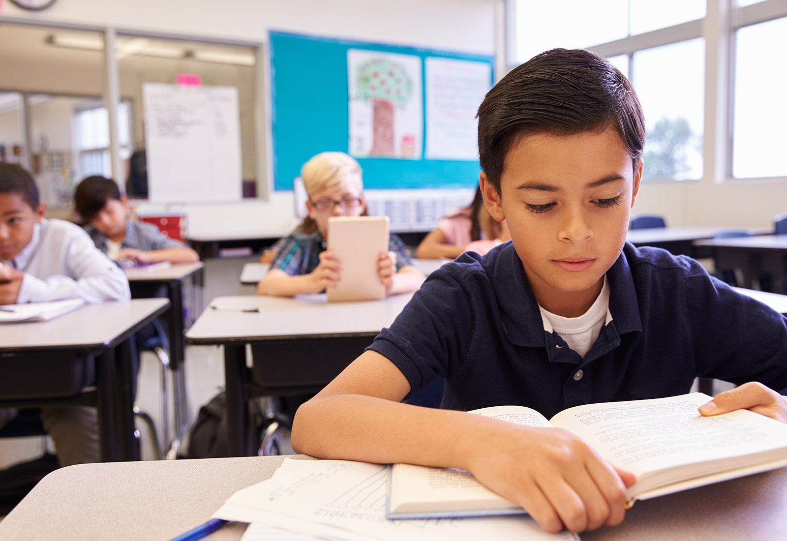 Boy at school desk reading