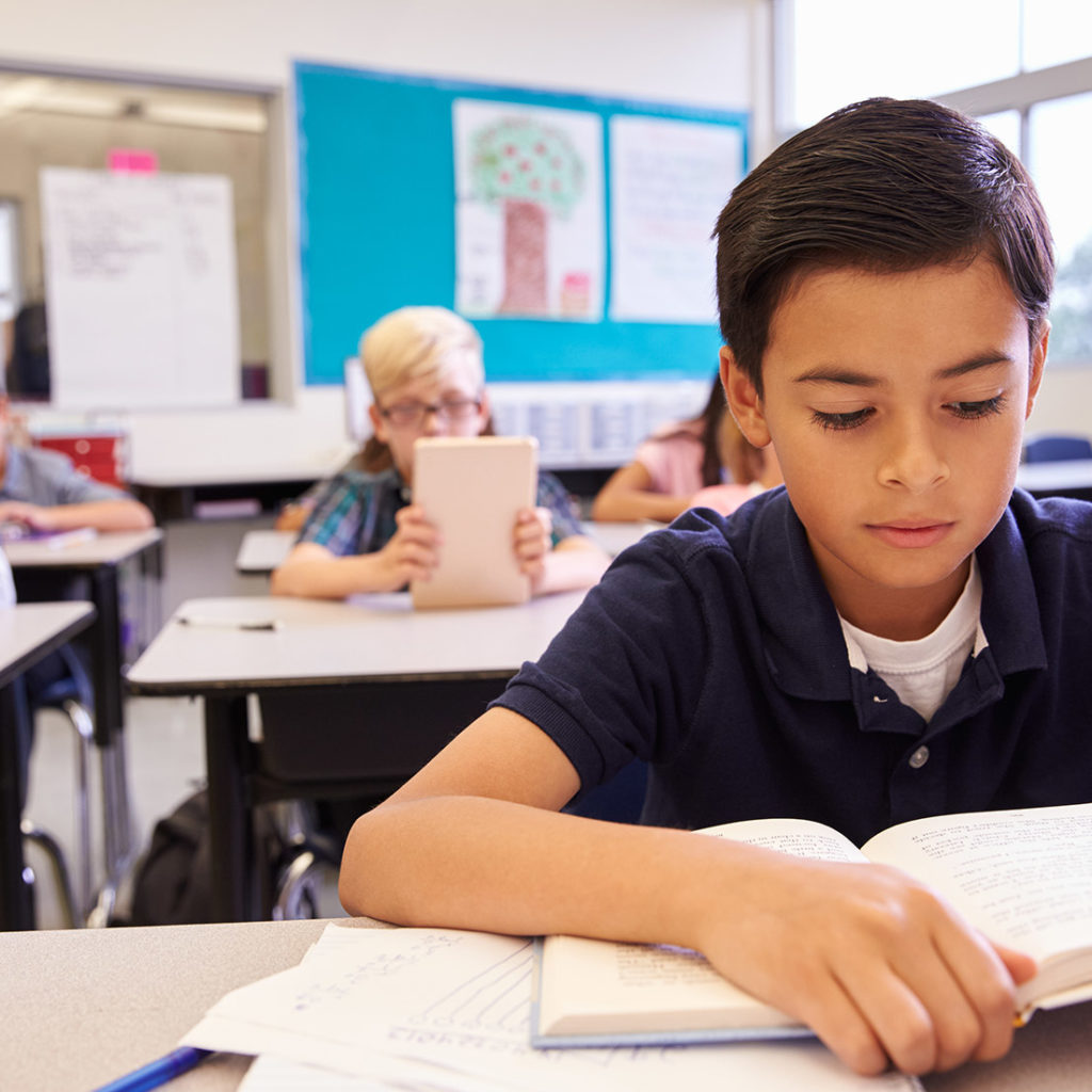 Boy at school desk reading