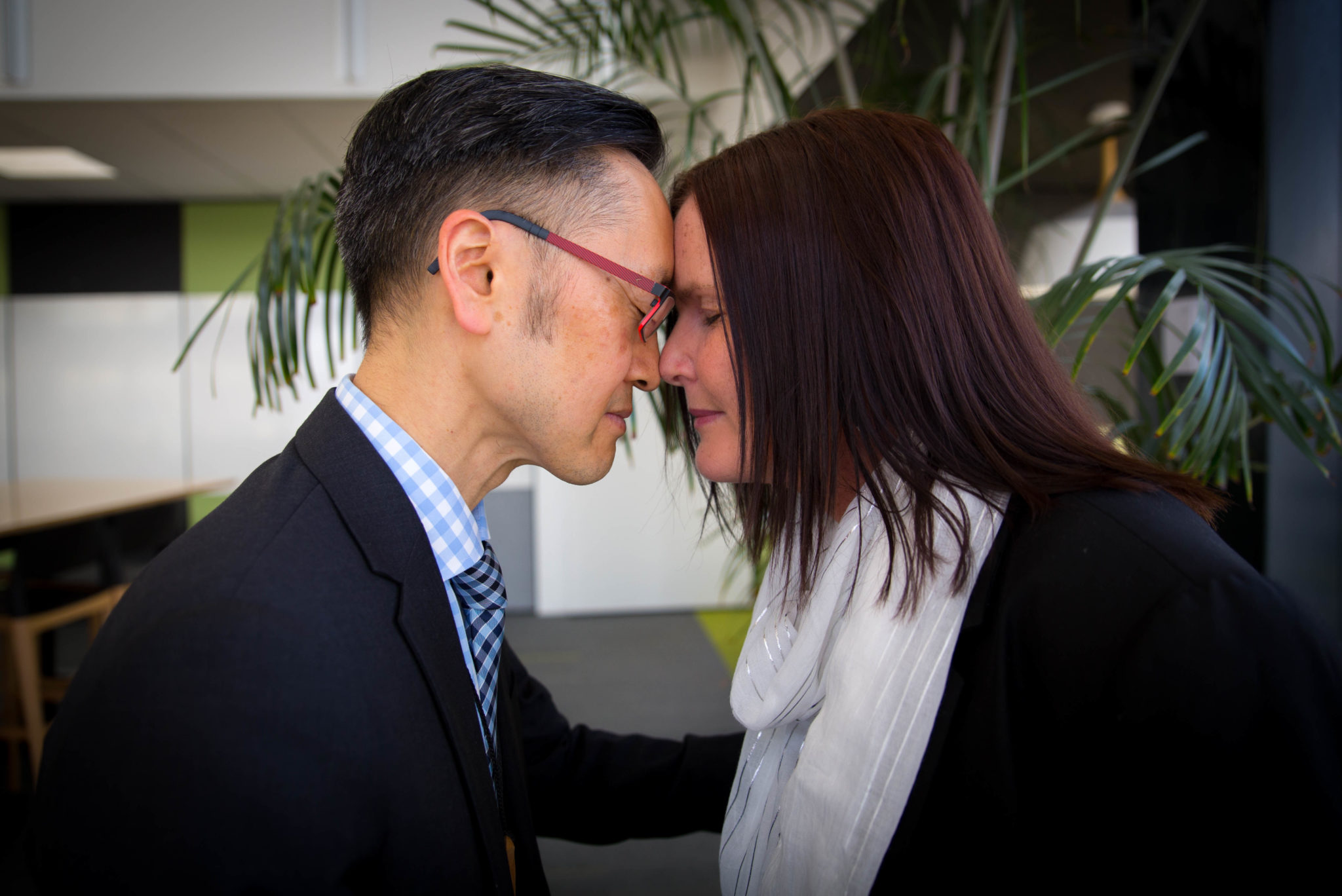 Hongi between Chief Archivist Richard Foy and Vickie Wood from Axiell. Photographed by Dianna Thompson