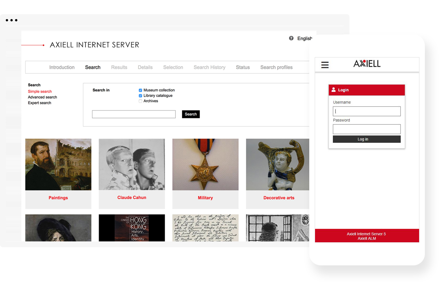 axiell internet screens on phone and desktop